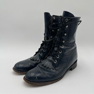 Vtg Justin Western Roper Kiltie Hiram Blue Womens Boots Lace Up Size 7C Fringe